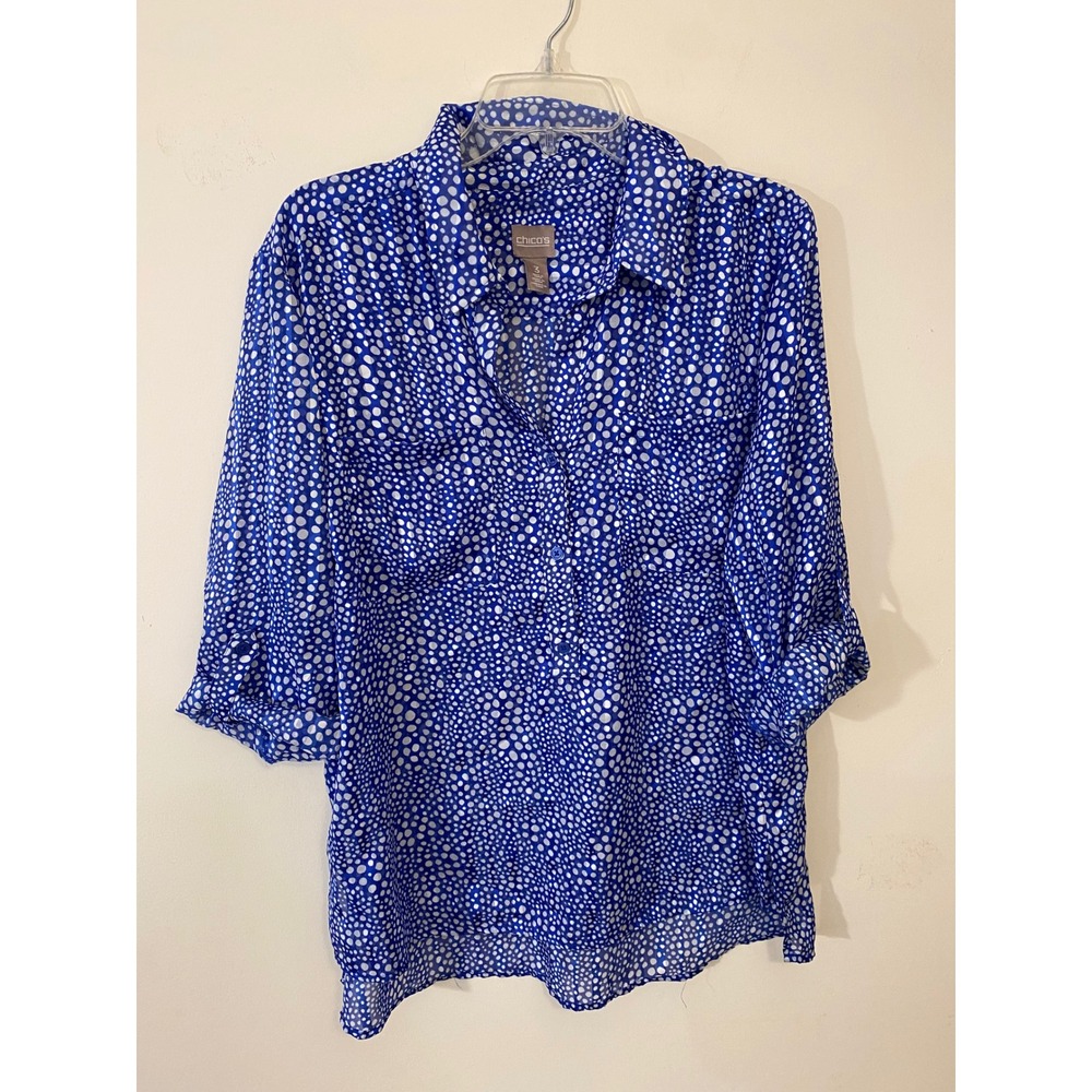 Chico's Size 3 XL Blouse Blue White Dot Print Roll Tab Sleeve Button Front